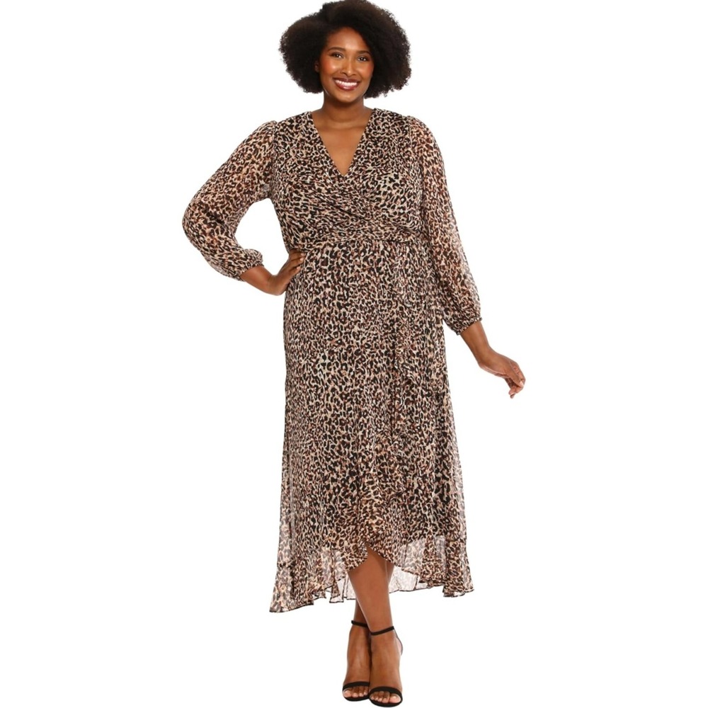 London Times Womens Leopard Print Long Sleeve Faux Wrap Dress Sz 18W NEW W/ TAGS